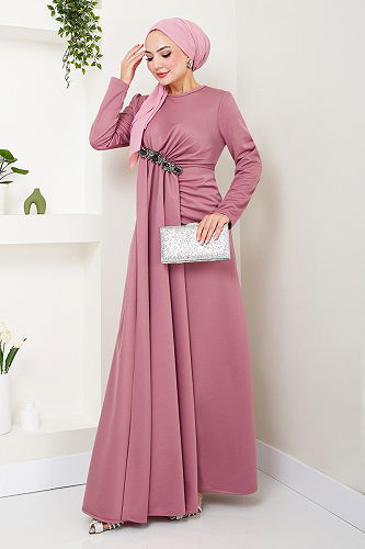 moda selvim Broş Detaylı Abiye 5021SL890 Gül Kurusu - Thumbnail