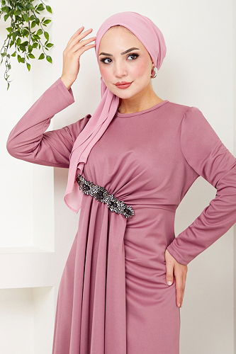 moda selvim Broş Detaylı Abiye 5021SL890 Gül Kurusu - Thumbnail