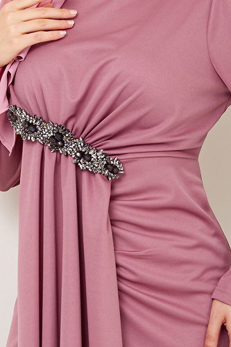 moda selvim Broş Detaylı Abiye 5021SL890 Gül Kurusu - Thumbnail