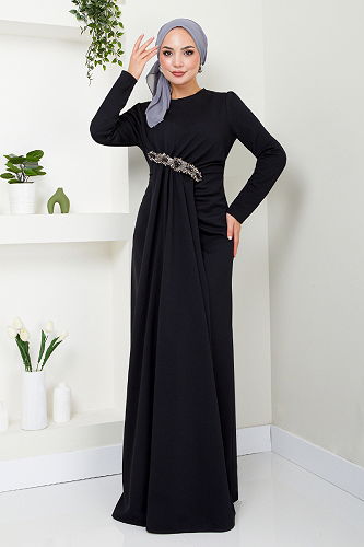 moda selvim Broş Detaylı Abiye 5021SL890 Siyah - Thumbnail