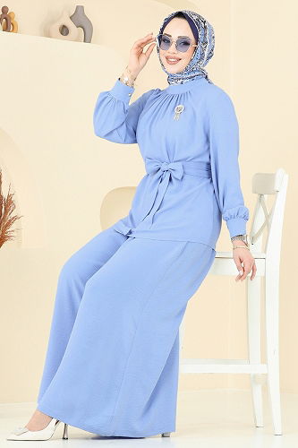 moda selvim Broş Detaylı Aerobin Takım 375DVL817 Açık İndigo - Thumbnail