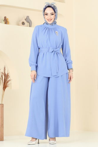 moda selvim Broş Detaylı Aerobin Takım 375DVL817 Açık İndigo - Thumbnail
