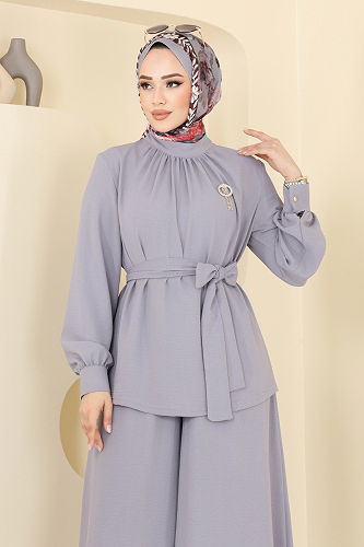 moda selvim Broş Detaylı Aerobin Takım 375DVL817 Gri - Thumbnail