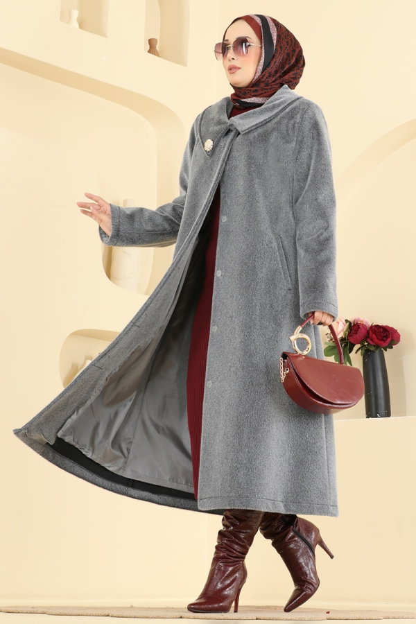 Modaselvim Kaban Broş Detaylı Angora Kaban 5018DFL152 Antrasit