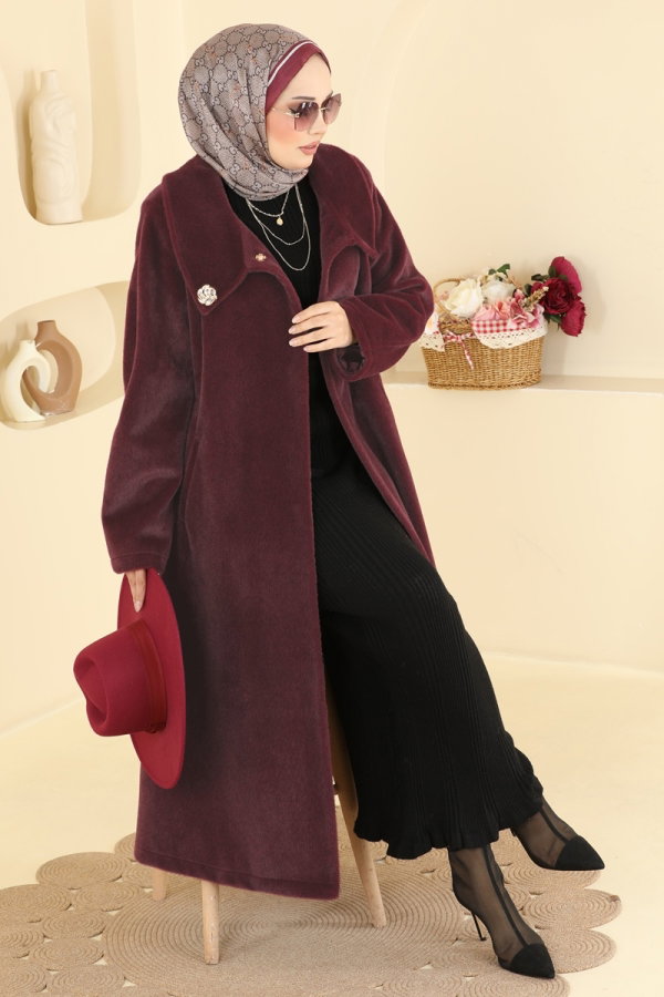 Modaselvim Kaban Broş Detaylı Angora Kaban 5018DFL152 Bordo