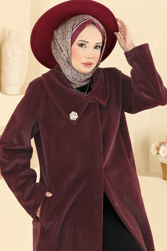 moda selvim Broş Detaylı Angora Kaban 5018DFL152 Bordo - Thumbnail