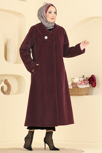 moda selvim Broş Detaylı Angora Kaban 5018DFL152 Bordo - Thumbnail