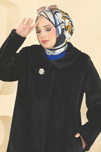 moda selvim Broş Detaylı Angora Kaban 5018DFL152 Siyah - Thumbnail