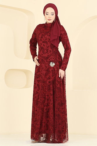 moda selvim Broş Detaylı Dantel Elbise 5805EDFK1198 Bordo - Thumbnail