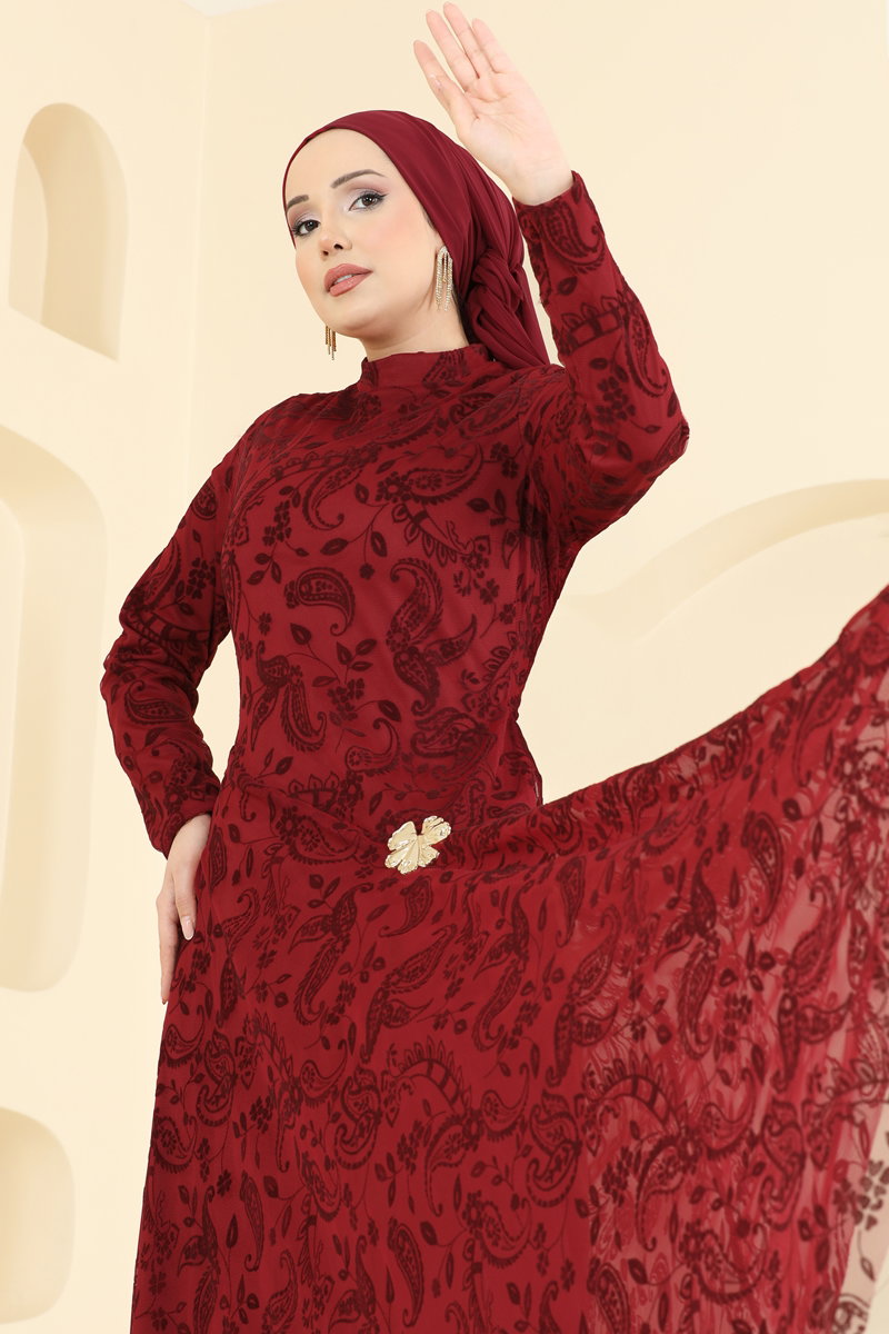 Broş Detaylı Dantel Elbise 5805EDFK1198 Bordo