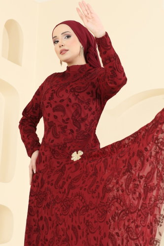 E.D.F.K. - Broş Detaylı Dantel Elbise 5805EDFK1198 Bordo