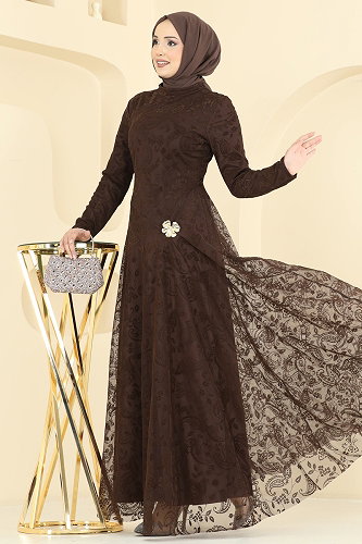 moda selvim Broş Detaylı Dantel Elbise 5805EDFK1198 Kahve - Thumbnail