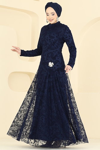 moda selvim Broş Detaylı Dantel Elbise 5805EDFK1198 Laci - Thumbnail