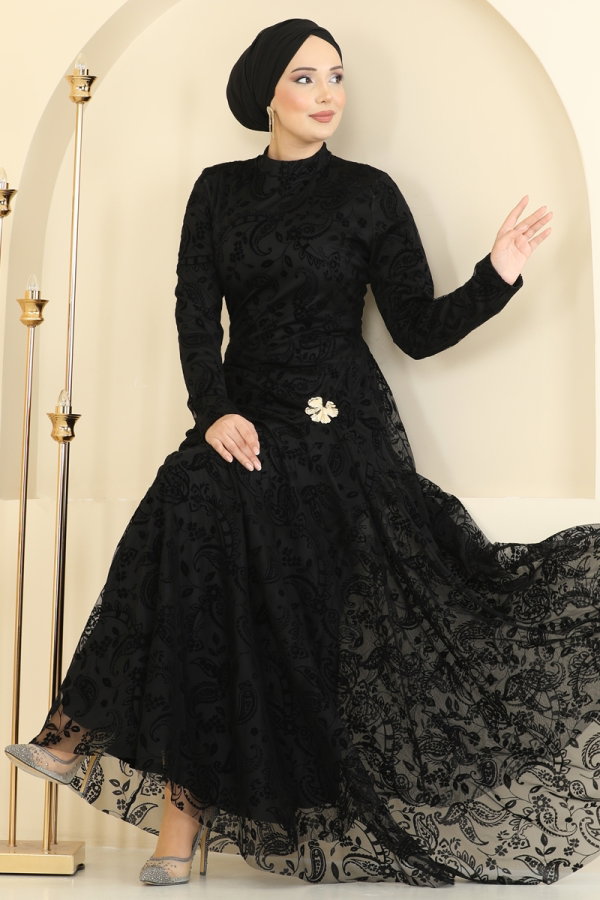 Modaselvim Elbise Broş Detaylı Dantel Elbise 5805EDFK1198 Siyah
