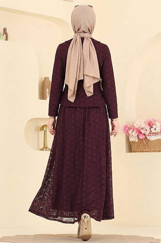 moda selvim Broş Detaylı Dantel Takım 106NZRK1200 Bordo - Thumbnail