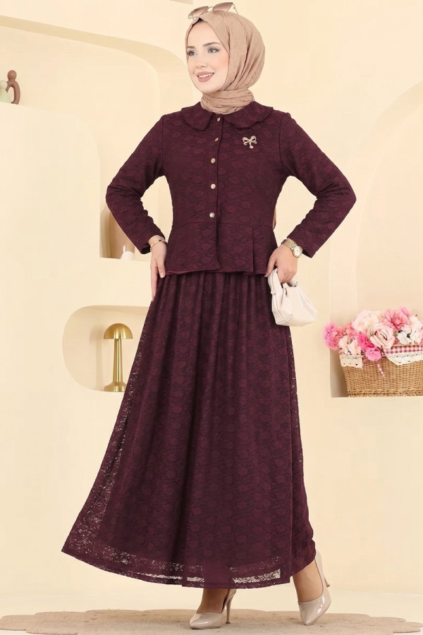 Modaselvim Kombin Broş Detaylı Dantel Takım 106NZRK1200 Bordo