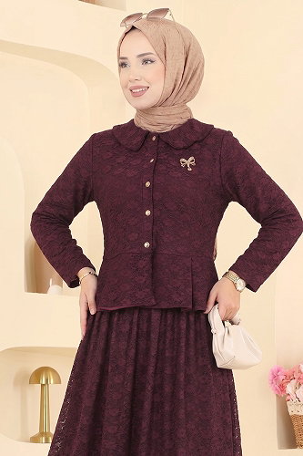 moda selvim Broş Detaylı Dantel Takım 106NZRK1200 Bordo - Thumbnail