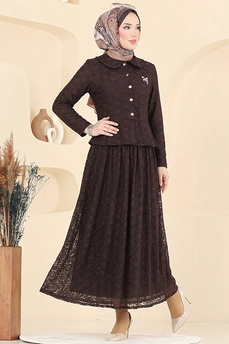 moda selvim Broş Detaylı Dantel Takım 106NZRK1200 Kahve - Thumbnail