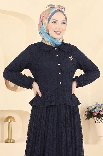 moda selvim Broş Detaylı Dantel Takım 106NZRK1200 Laci - Thumbnail