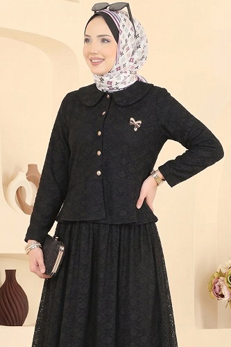 moda selvim Broş Detaylı Dantel Takım 106NZRK1200 Siyah - Thumbnail