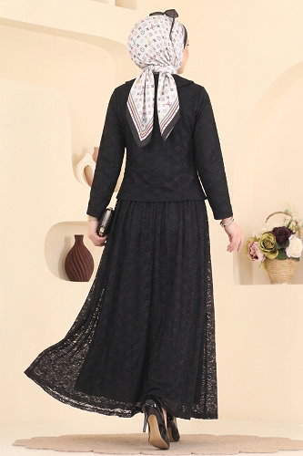 moda selvim Broş Detaylı Dantel Takım 106NZRK1200 Siyah - Thumbnail