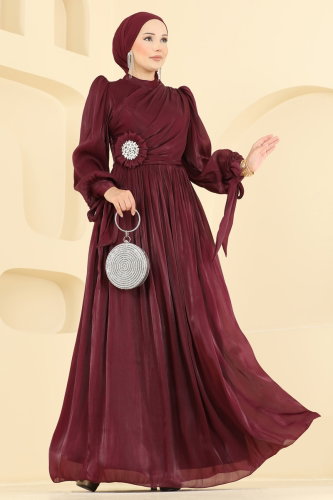 M.H.R. - Broş Detaylı Organze Abiye 01244MHR1107 Bordo