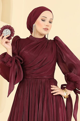 moda selvim Broş Detaylı Organze Abiye 01244MHR1107 Bordo - Thumbnail