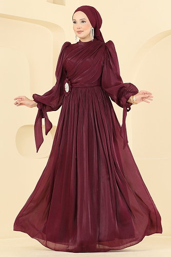 moda selvim Broş Detaylı Organze Abiye 01244MHR1107 Bordo - Thumbnail