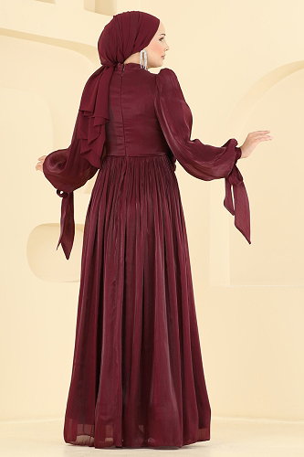 moda selvim Broş Detaylı Organze Abiye 01244MHR1107 Bordo - Thumbnail