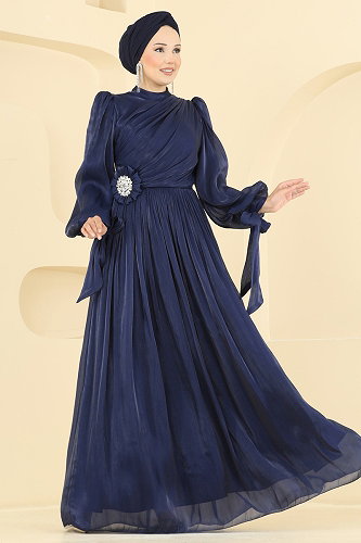 moda selvim Broş Detaylı Organze Abiye 01244MHR1107 Laci - Thumbnail
