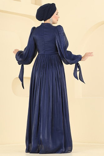 moda selvim Broş Detaylı Organze Abiye 01244MHR1107 Laci - Thumbnail
