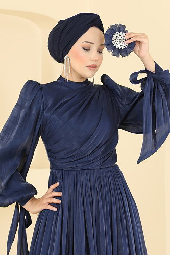 moda selvim Broş Detaylı Organze Abiye 01244MHR1107 Laci - Thumbnail