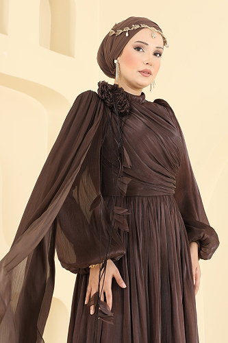 moda selvim Broş Detaylı Pelerinli Abiye 01256MHR1107 Kahve - Thumbnail