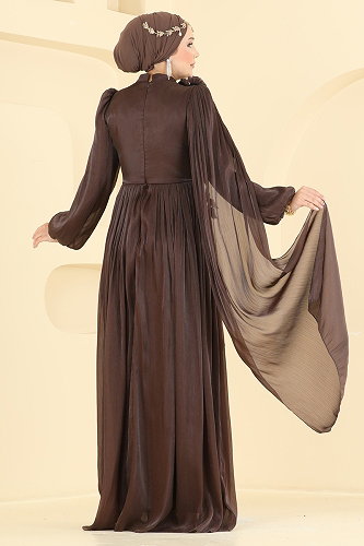 moda selvim Broş Detaylı Pelerinli Abiye 01256MHR1107 Kahve - Thumbnail
