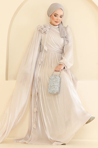 moda selvim Broş Detaylı Pelerinli Abiye 01256MHR1107 Krem - Thumbnail