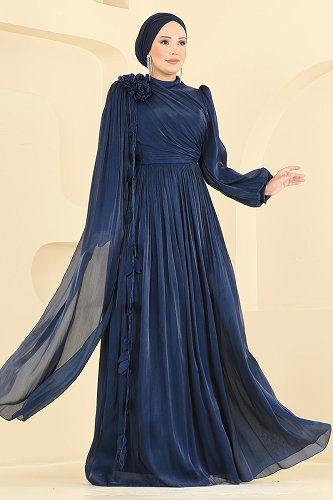 moda selvim Broş Detaylı Pelerinli Abiye 01256MHR1107 Laci - Thumbnail