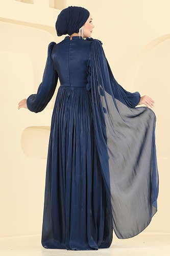 moda selvim Broş Detaylı Pelerinli Abiye 01256MHR1107 Laci - Thumbnail