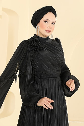 moda selvim Broş Detaylı Pelerinli Abiye 01256MHR1107 Siyah - Thumbnail