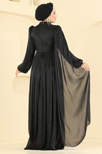 moda selvim Broş Detaylı Pelerinli Abiye 01256MHR1107 Siyah - Thumbnail
