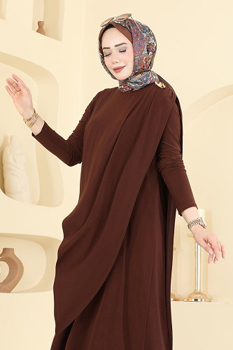 moda selvim Broş Detaylı Sandy Elbise 5640ZNN863 Kahve - Thumbnail