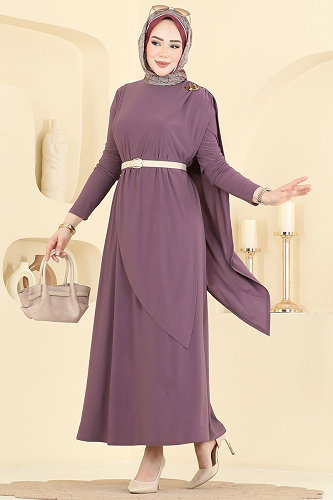 moda selvim Broş Detaylı Sandy Elbise 5640ZNN863 Koyu Lila - Thumbnail