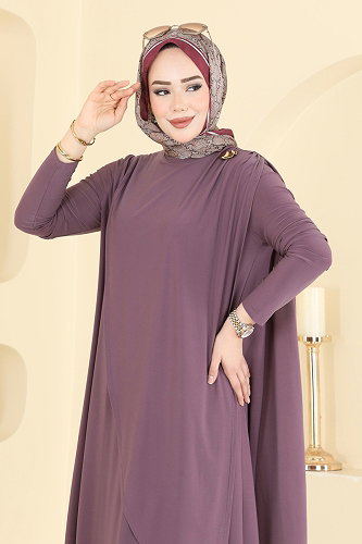 moda selvim Broş Detaylı Sandy Elbise 5640ZNN863 Koyu Lila - Thumbnail
