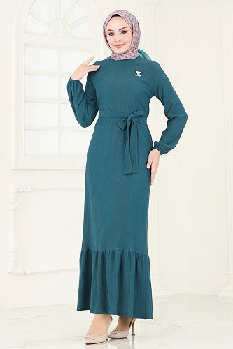 moda selvim Broş Detaylı Şık Elbise 3038HBS856 Petrol - Thumbnail