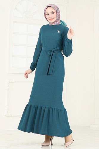 moda selvim Broş Detaylı Şık Elbise 3038HBS856 Petrol - Thumbnail