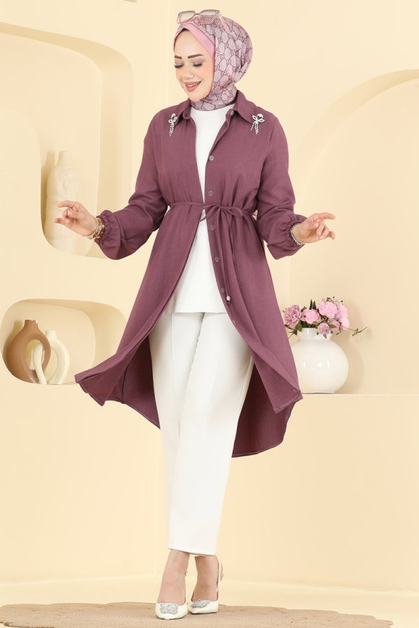 Modaselvim Tunik Broş Detaylı Şık Tunik 2922SLK540 Koyu Lila