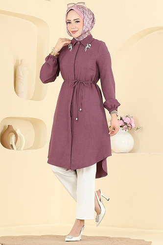 moda selvim Broş Detaylı Şık Tunik 2922SLK540 Koyu Lila - Thumbnail