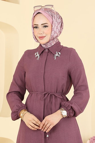 moda selvim Broş Detaylı Şık Tunik 2922SLK540 Koyu Lila - Thumbnail