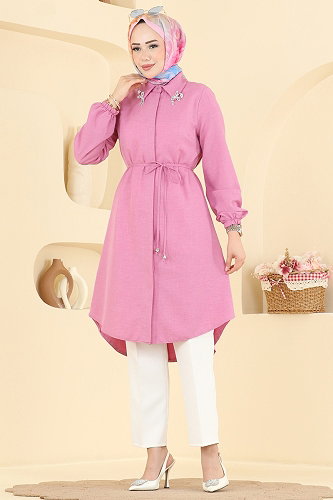 moda selvim Broş Detaylı Şık Tunik 2922SLK540 Pembe - Thumbnail