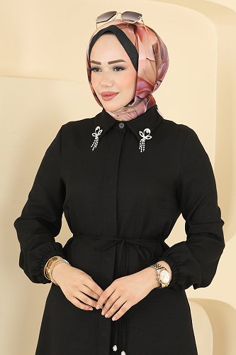 moda selvim Broş Detaylı Şık Tunik 2922SLK540 Siyah - Thumbnail