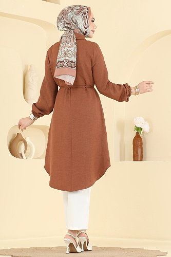 moda selvim Broş Detaylı Şık Tunik 2922SLK540 Taba - Thumbnail